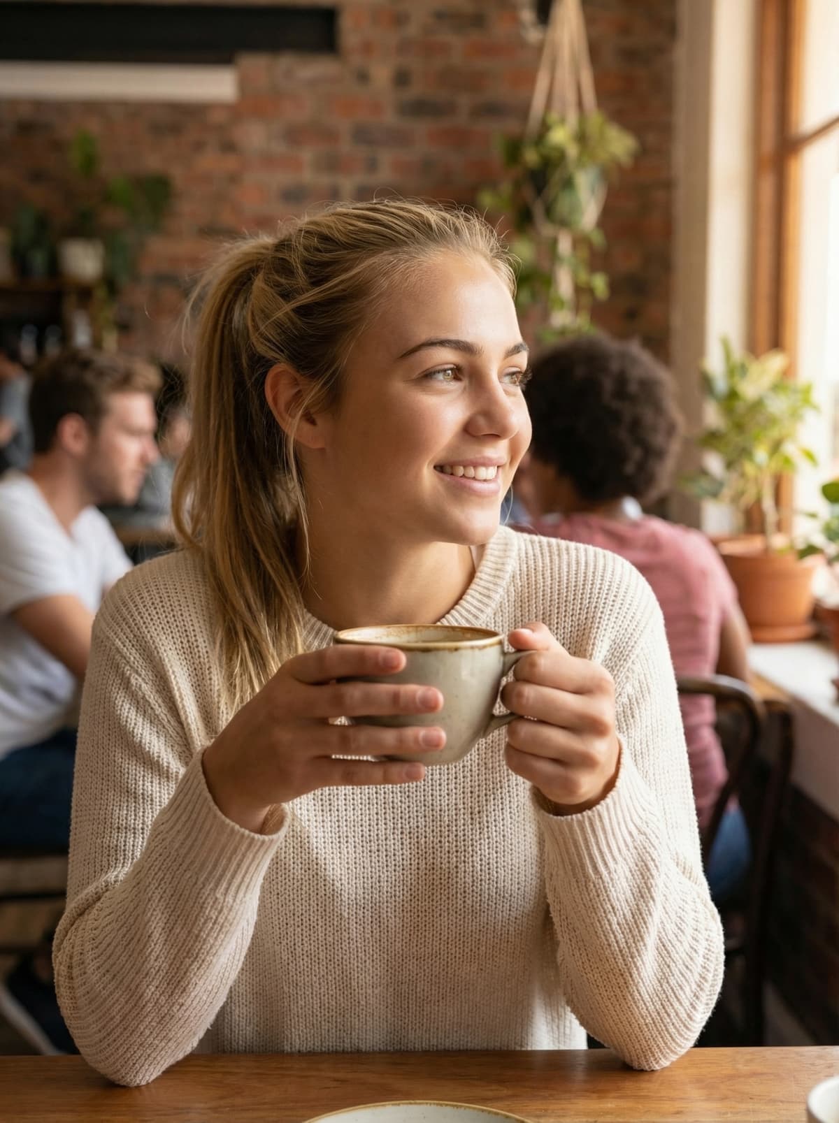 AI-generated dating profile photo in a cozy cafe setting