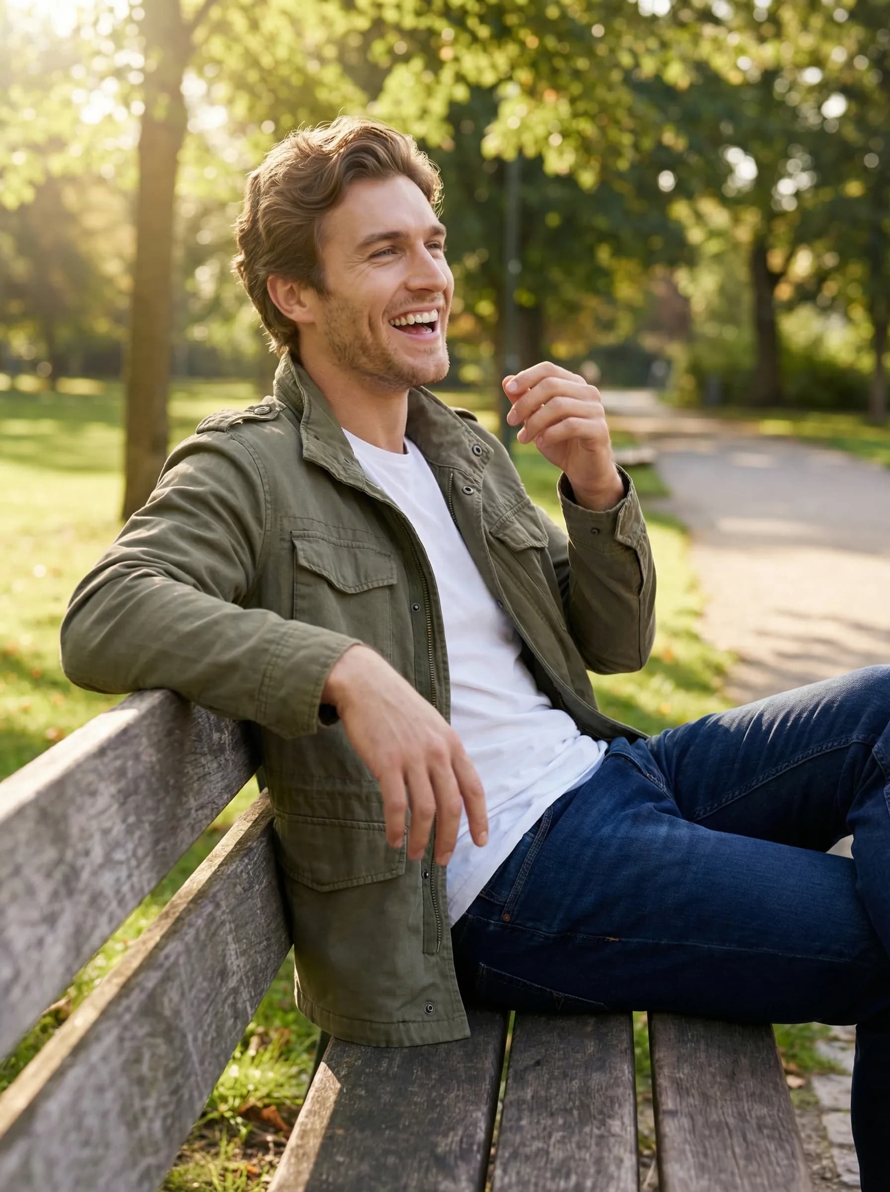 Candid moment laughing naturally in sunny park