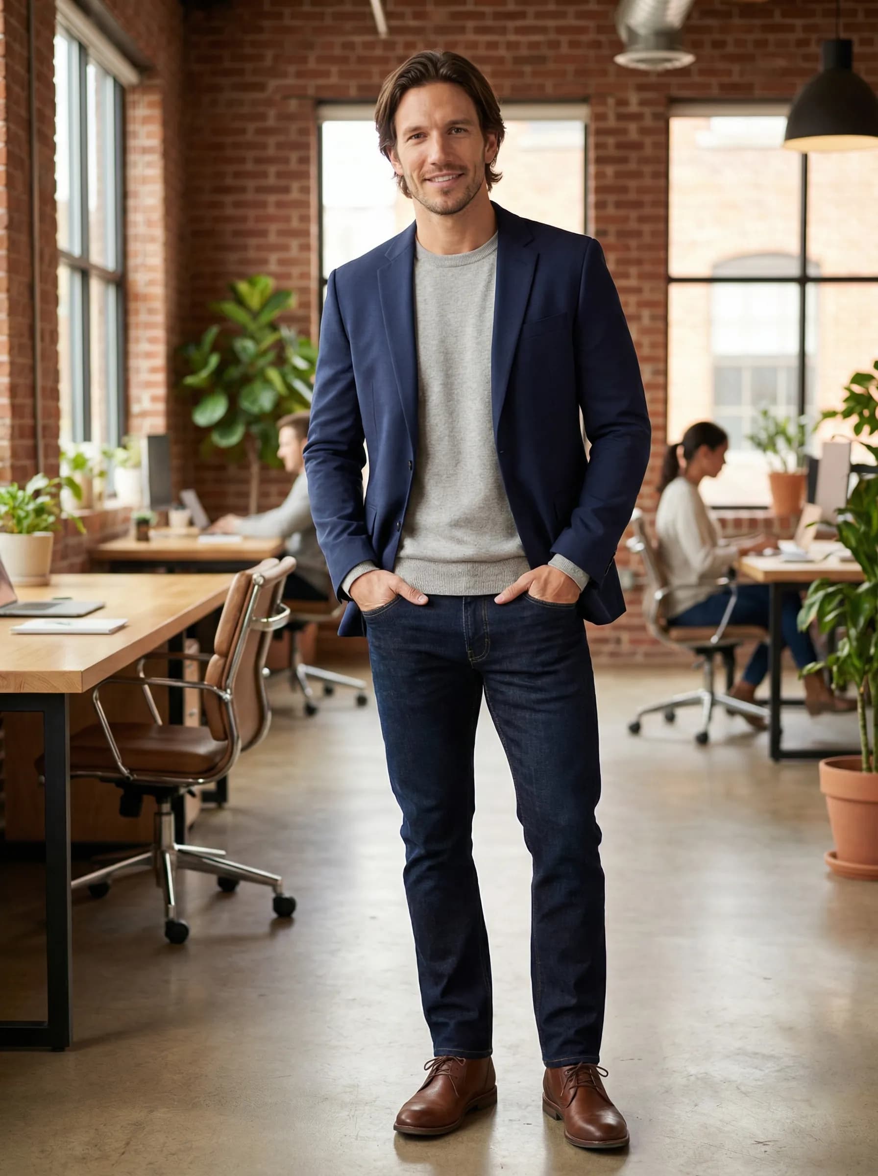 Consultant in modern co-working space with relaxed confidence