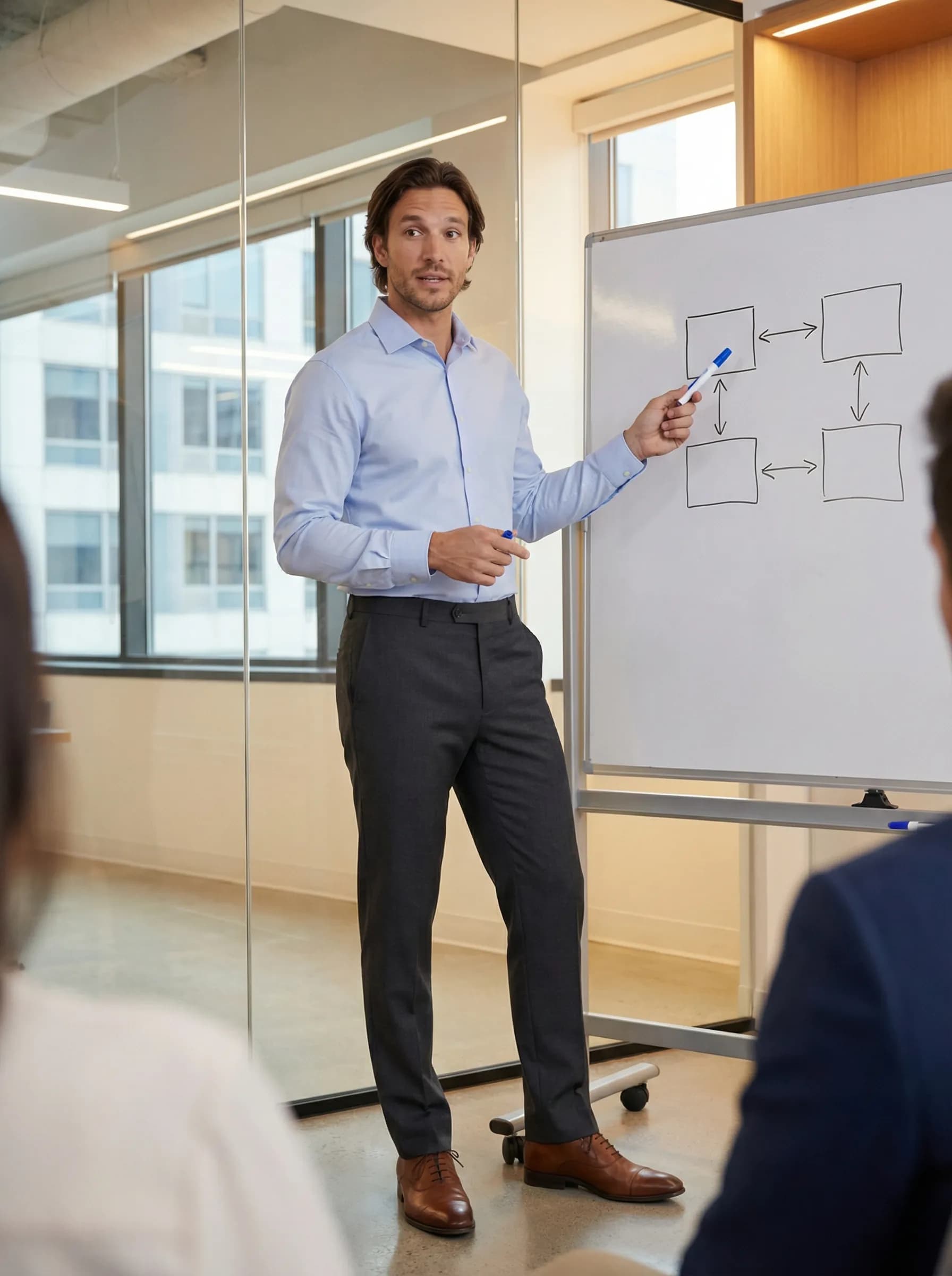 Consultant at whiteboard explaining strategy diagrams