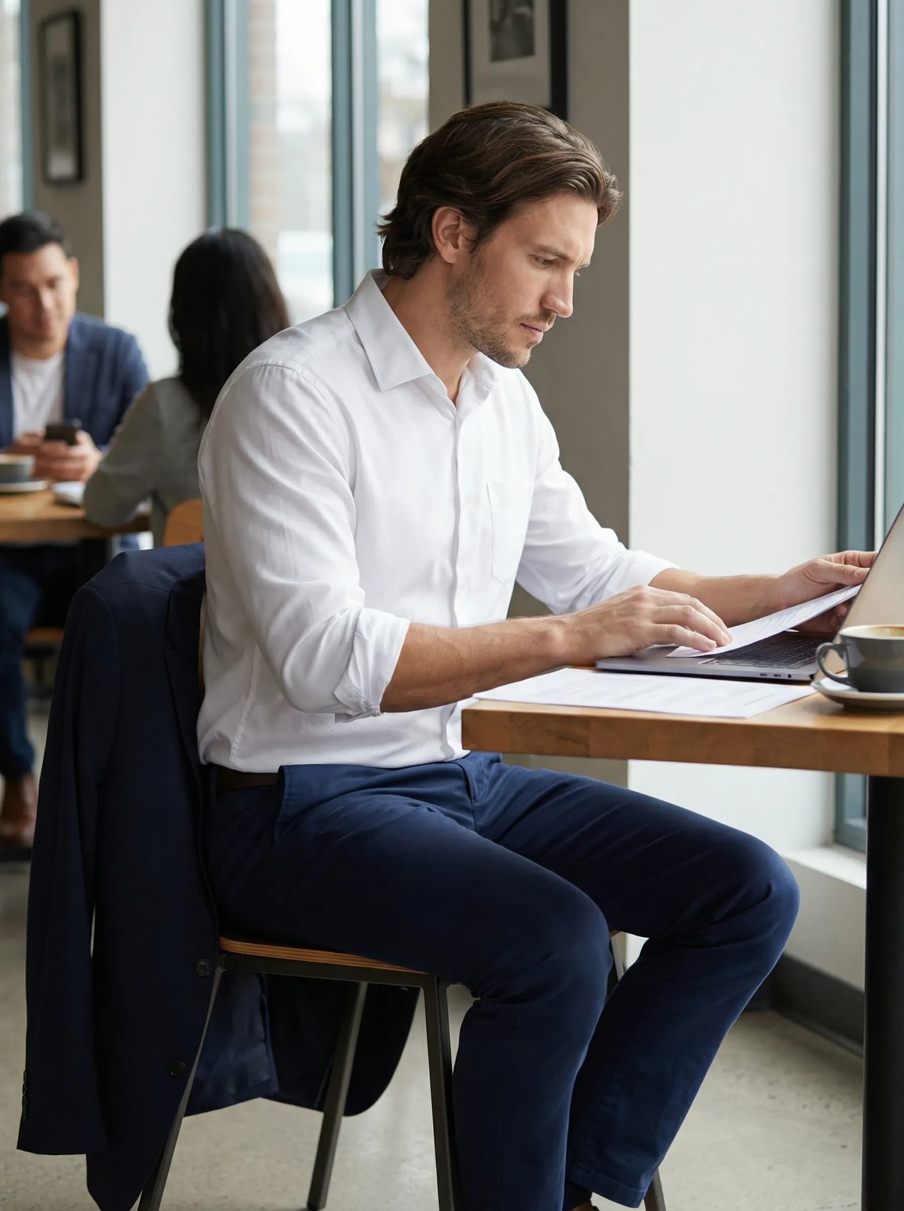 Consultant working at laptop in cafe setting