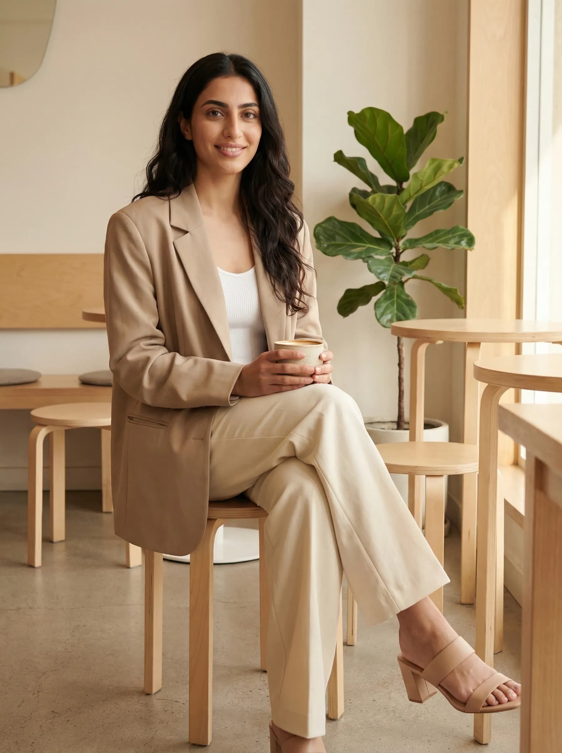 Instagram influencer portrait in aesthetic minimalist cafe