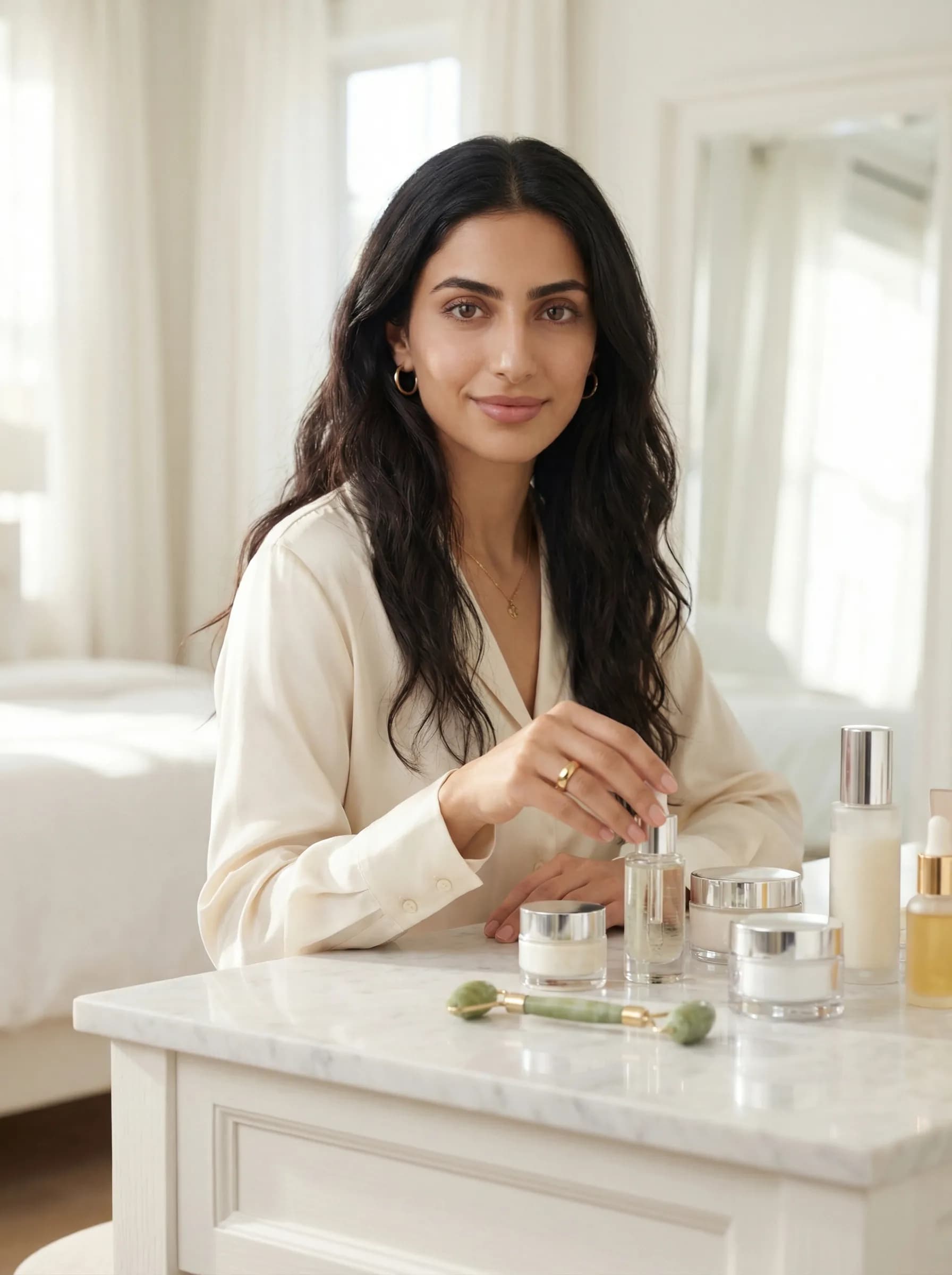 Lifestyle creator at vanity setup with skincare products