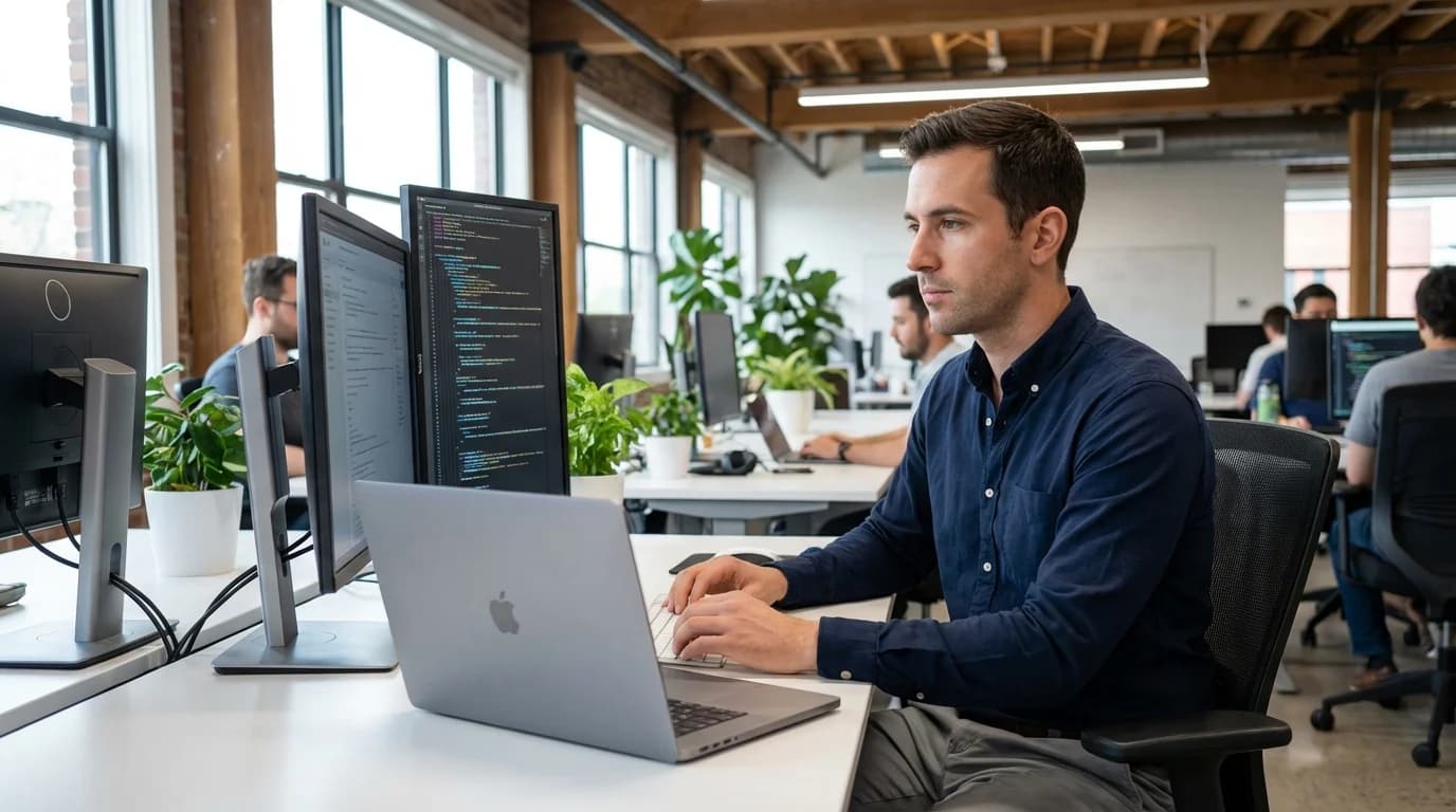 Engineer coding at dual-monitor setup