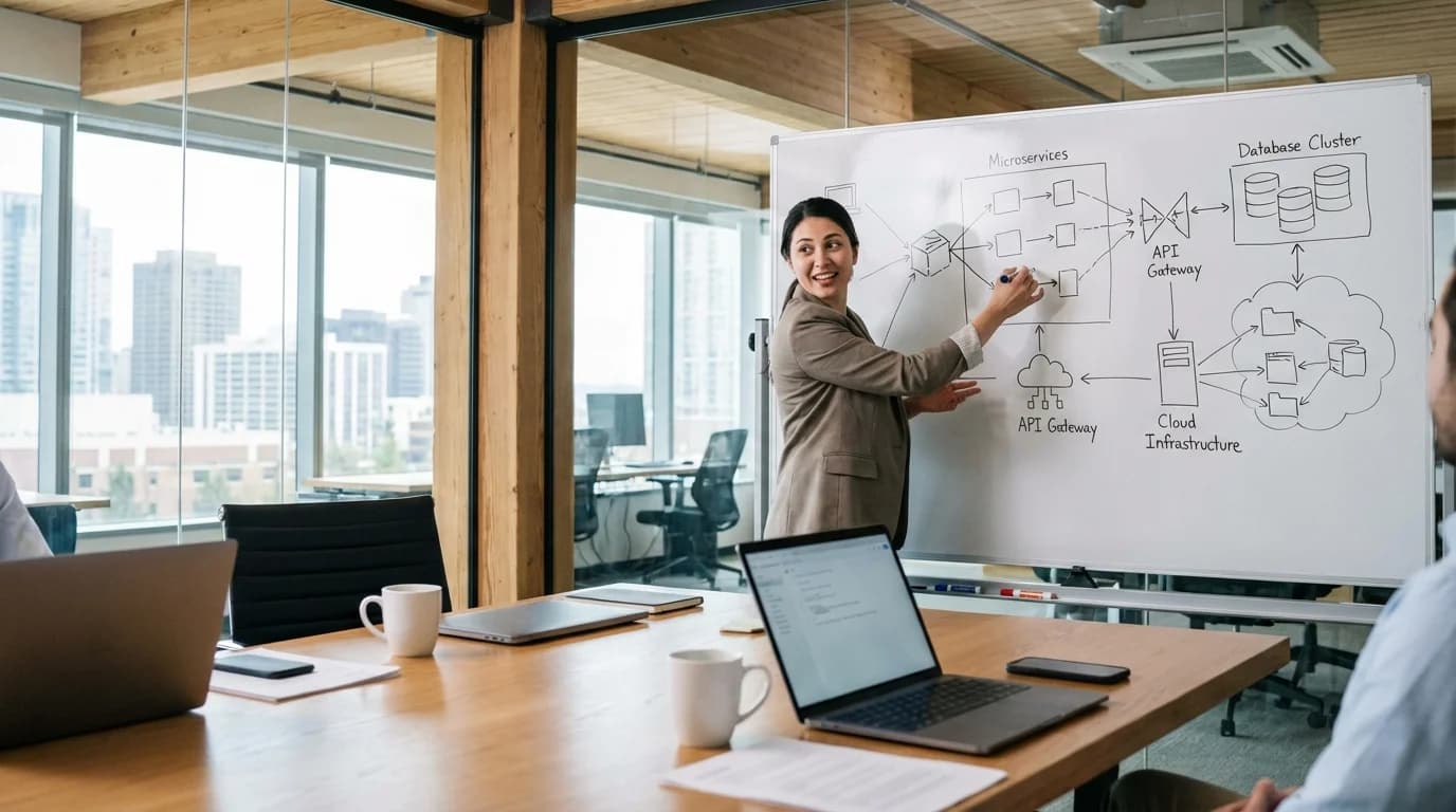 Engineer sketching architecture on whiteboard