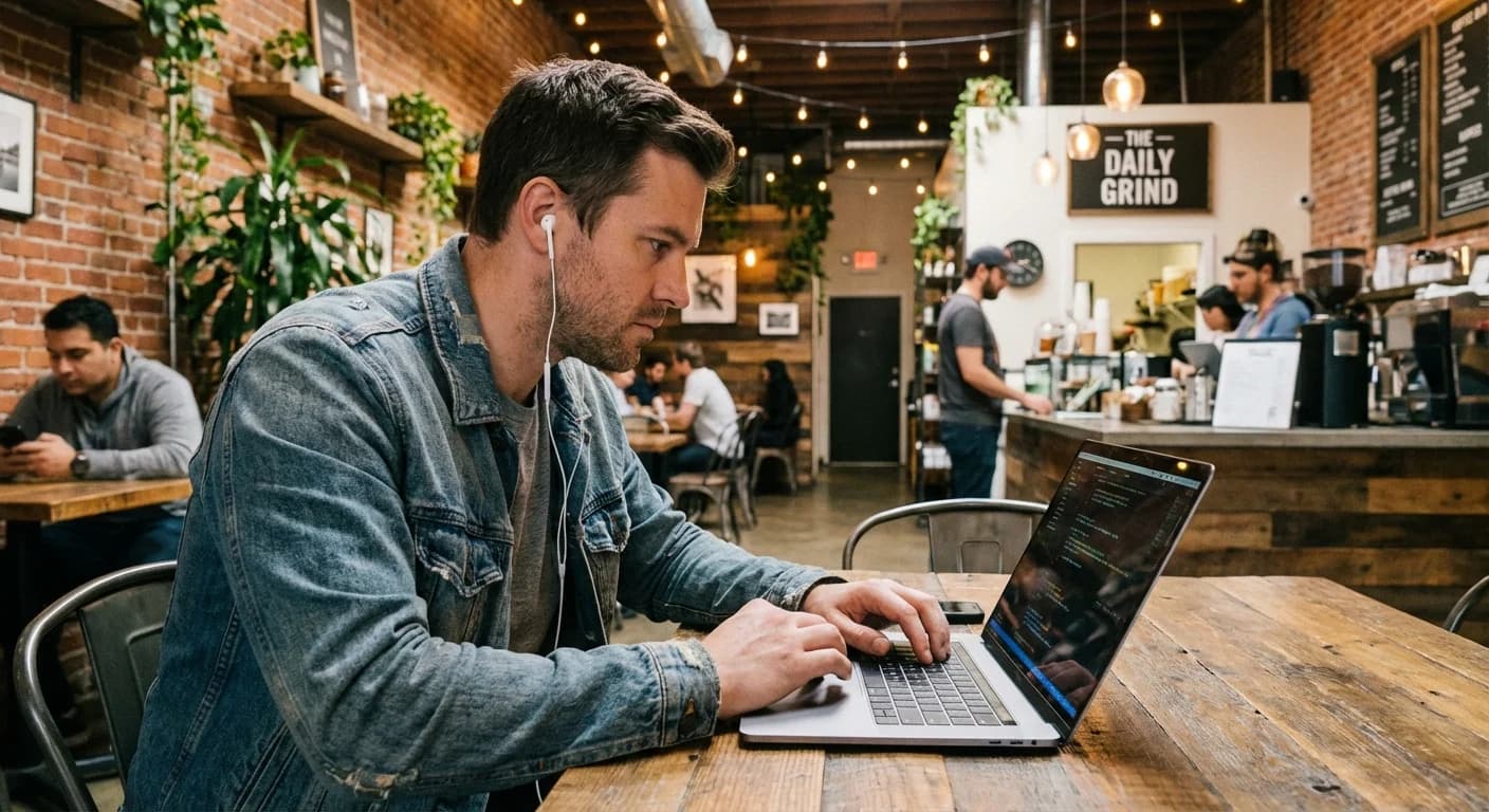 Engineer working remotely at coffee shop