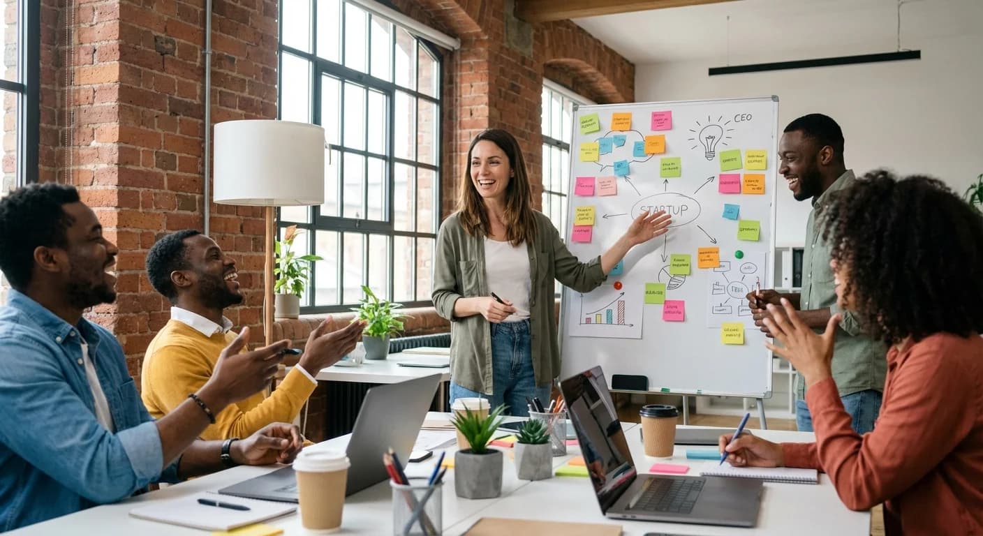 Startup founder leading brainstorming session
