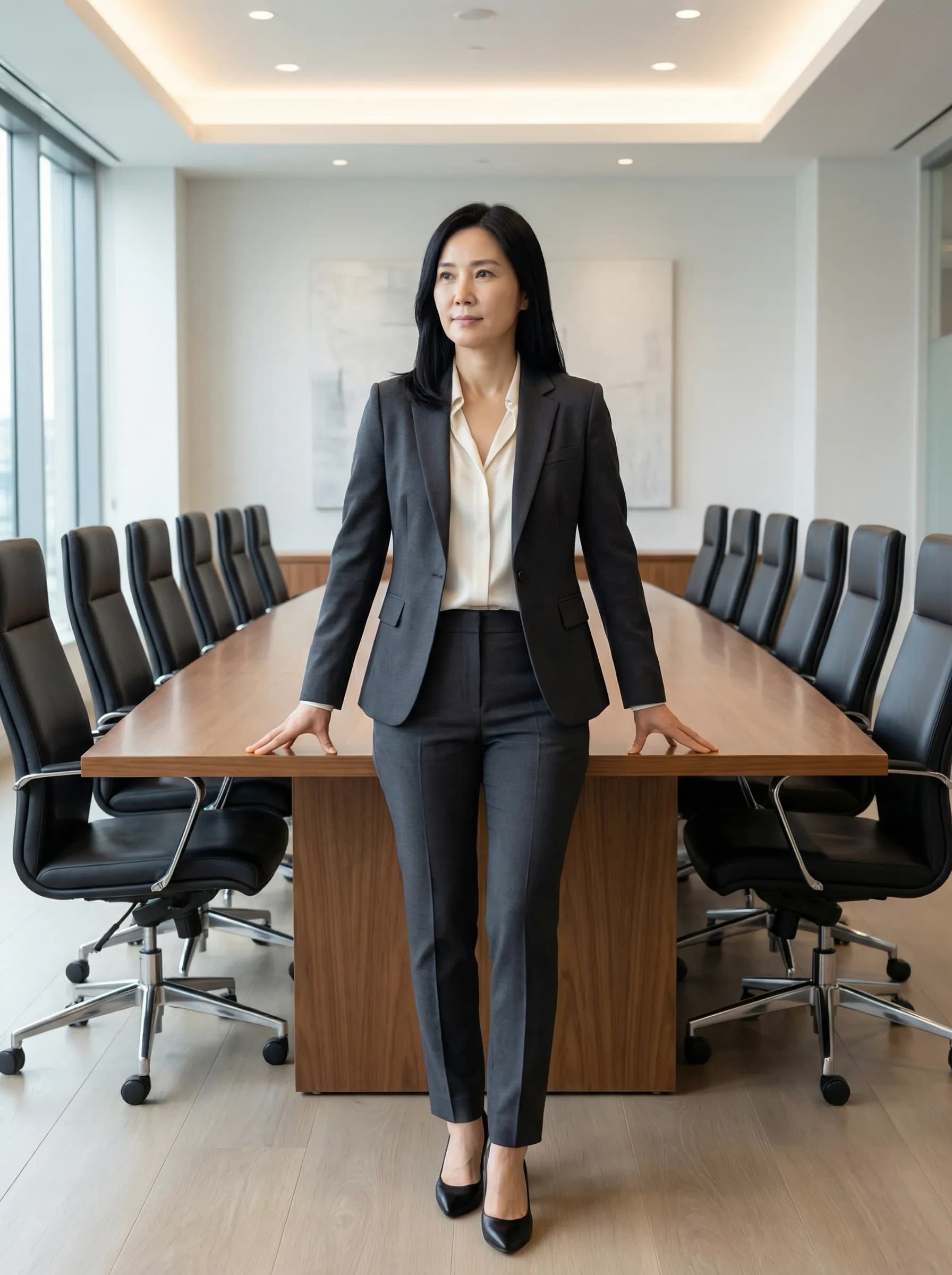 Executive at head of boardroom table with authority