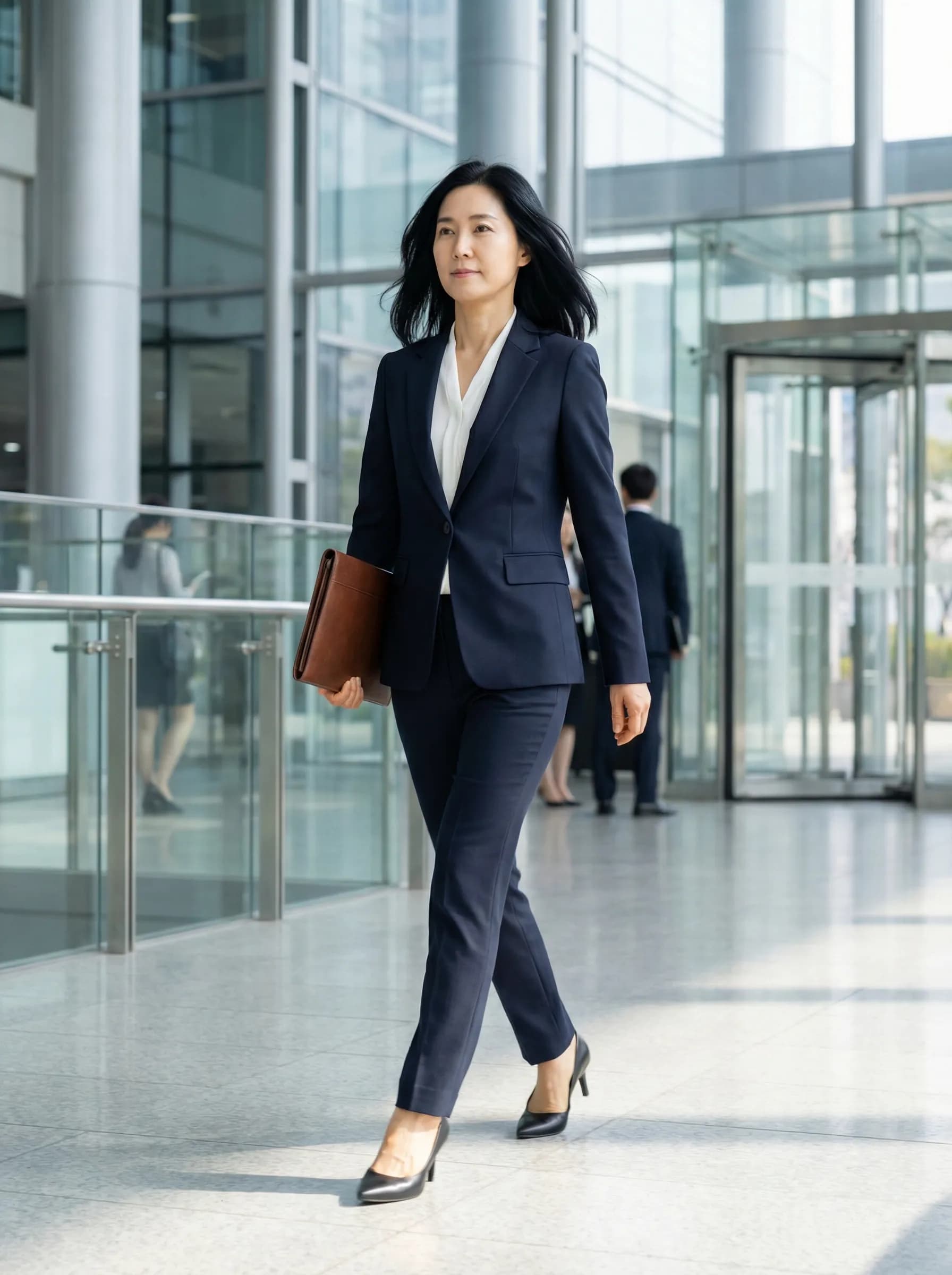 Executive walking through modern corporate lobby