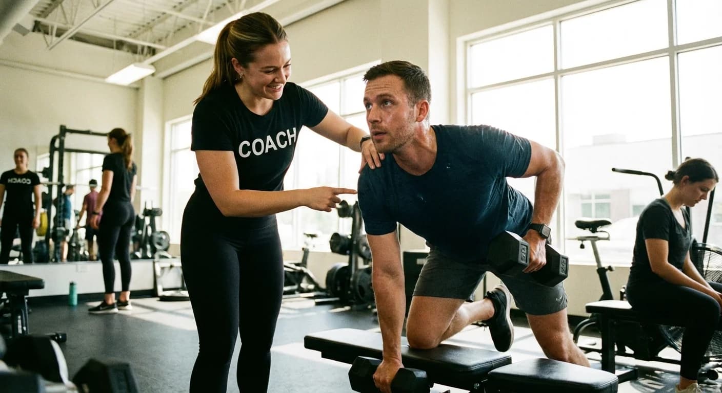 Fitness trainer coaching client through workout