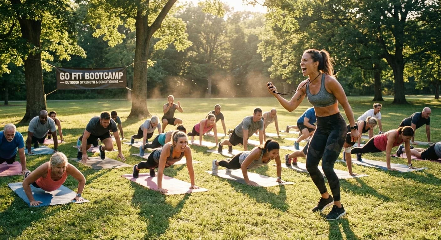 Fitness trainer leading outdoor bootcamp class