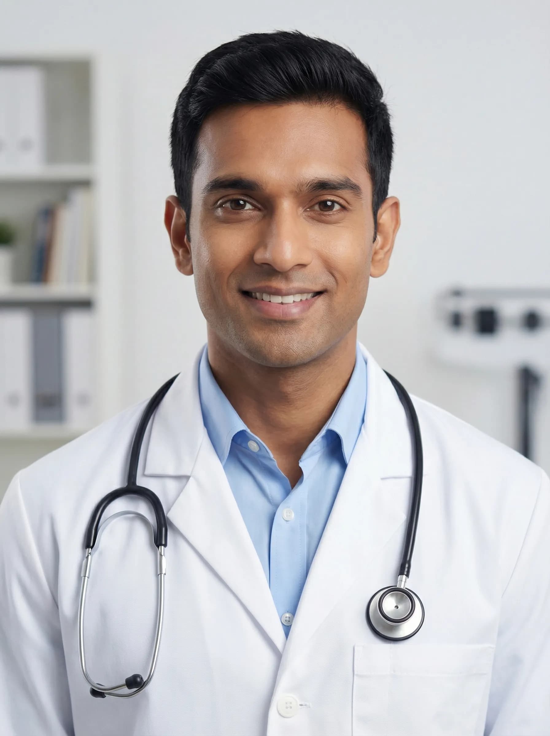 Professional physician headshot in white medical coat