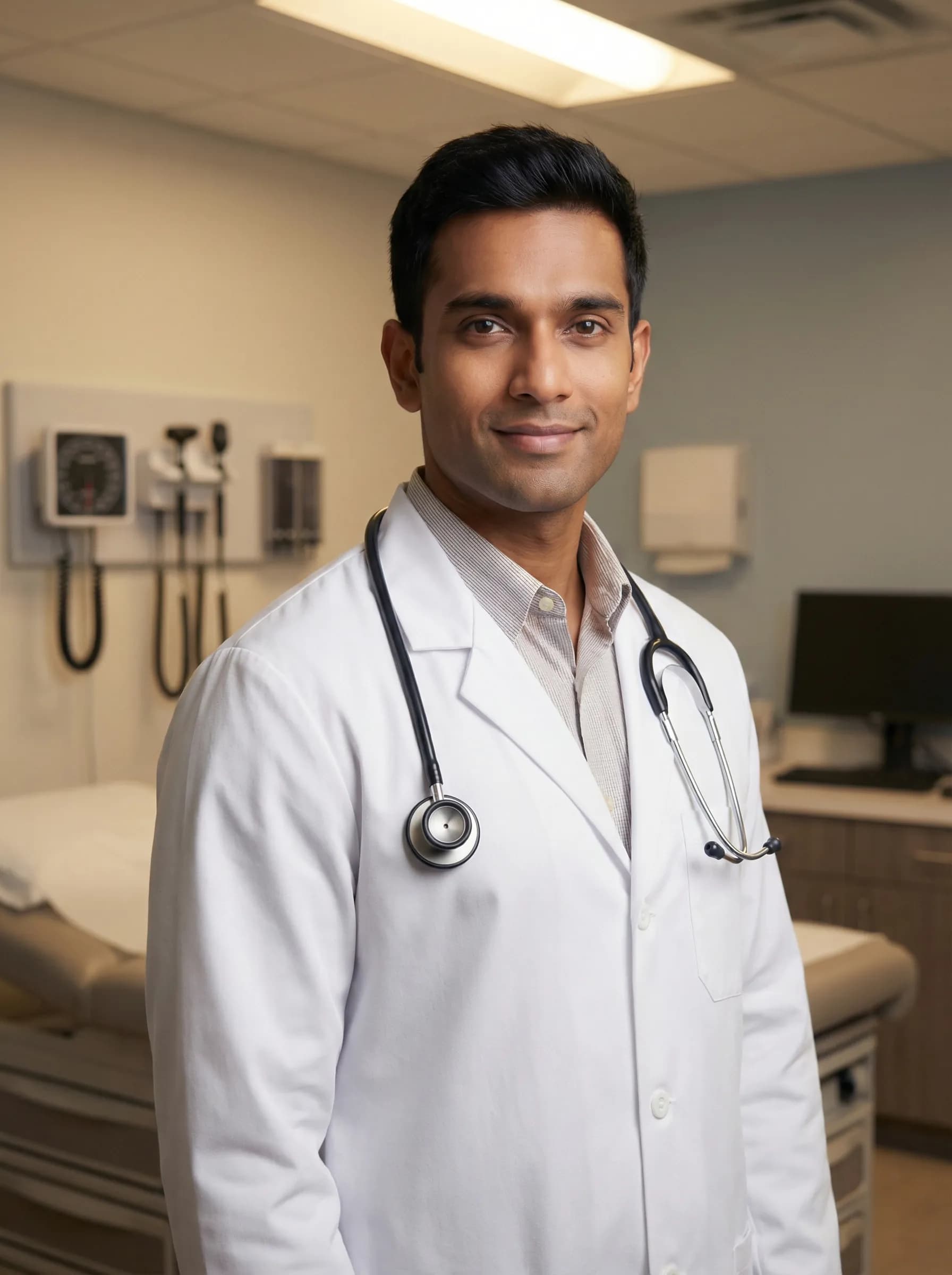 Doctor in examination room with caring expression
