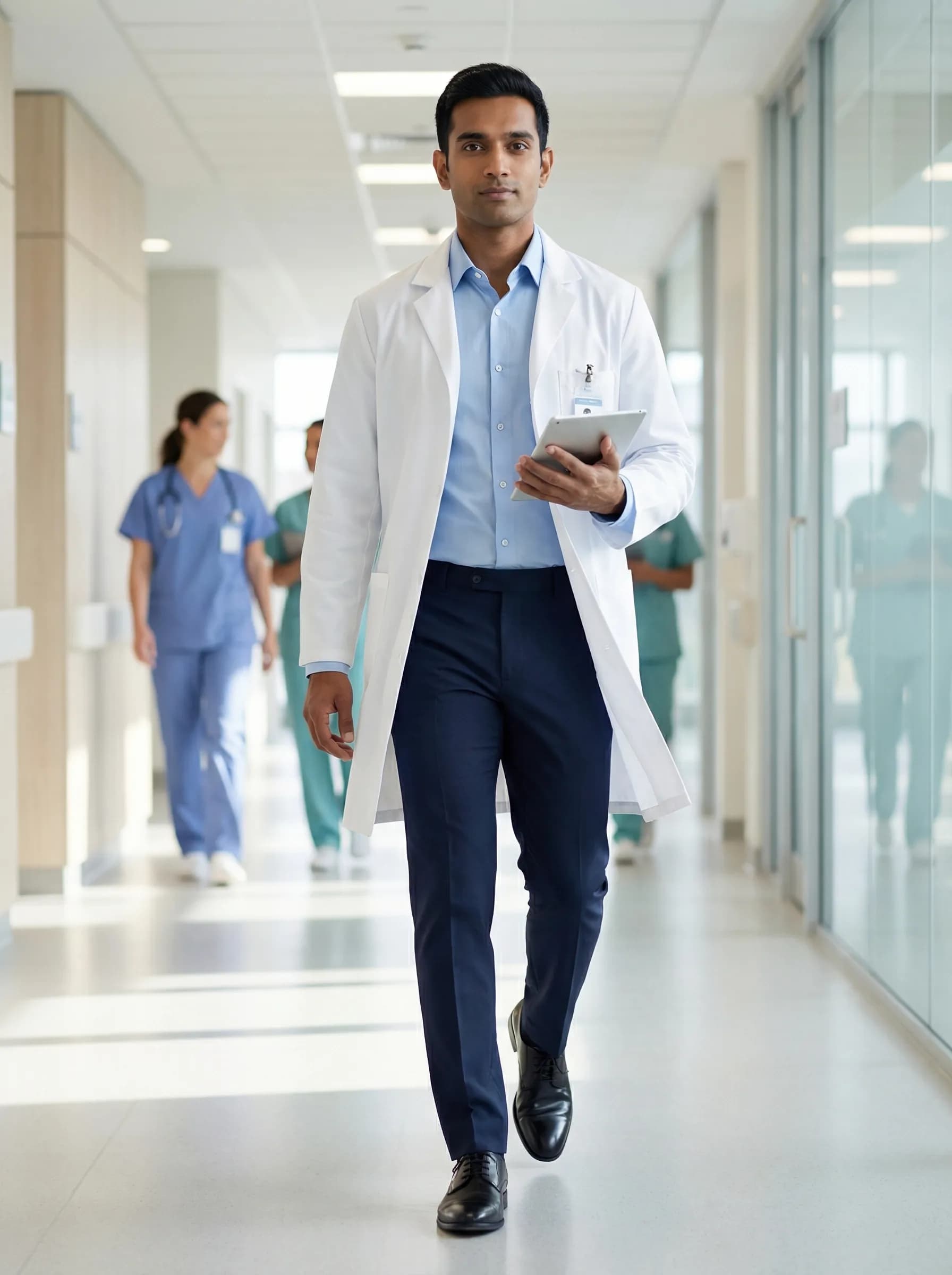 Physician walking through modern hospital corridor