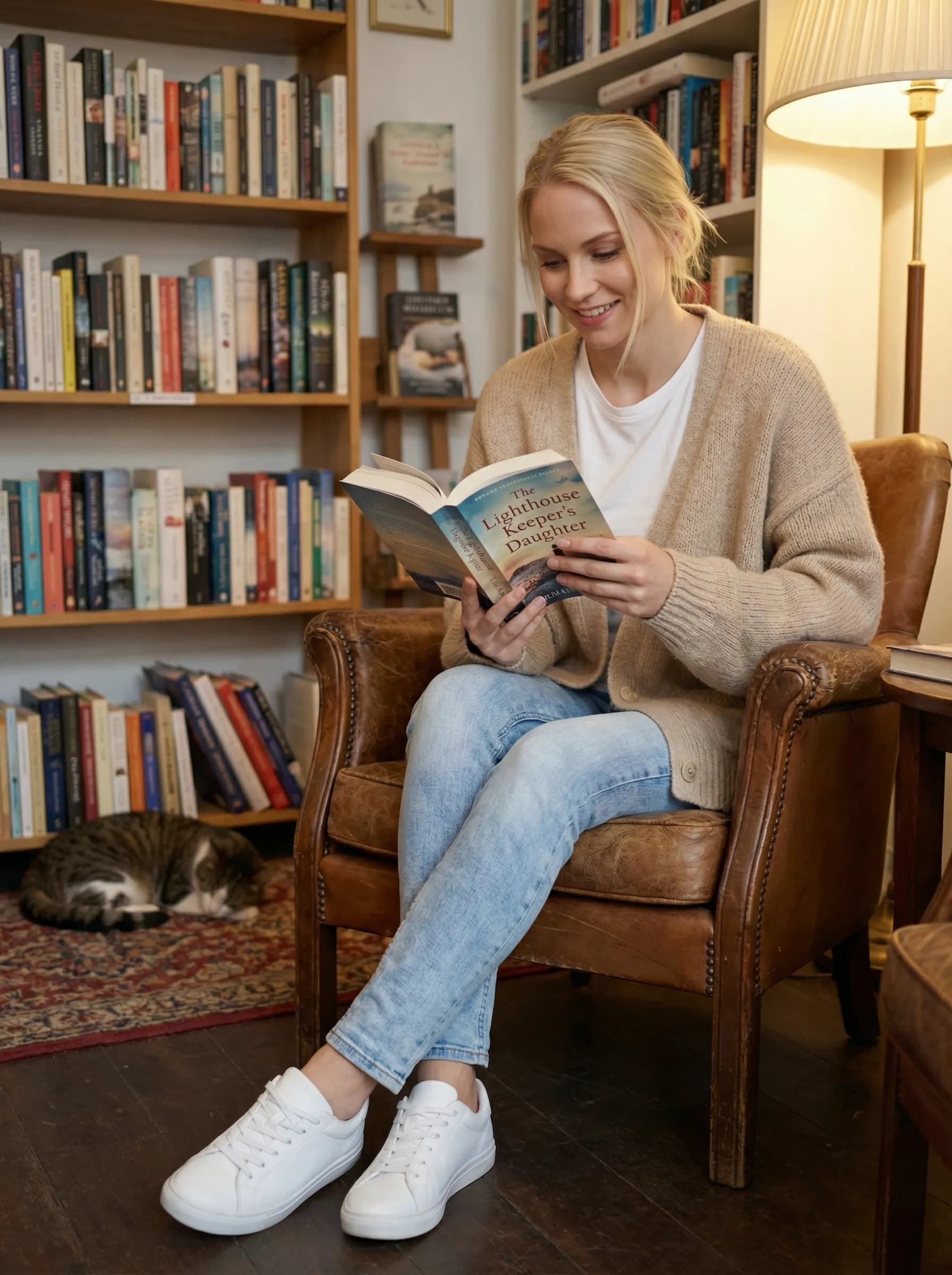 Reading a book at cozy bookshop showing genuine interest