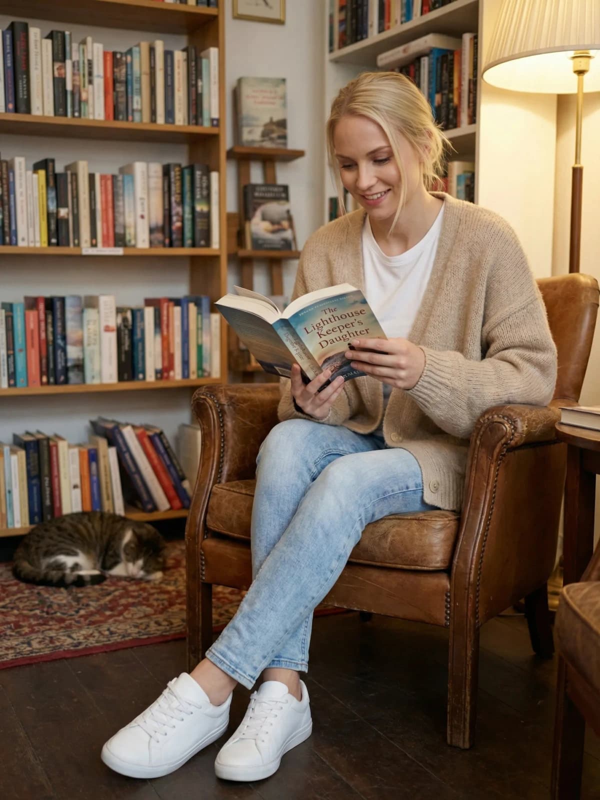 Hinge hobby photo example with a book and cozy chair that supports a specific prompt answer