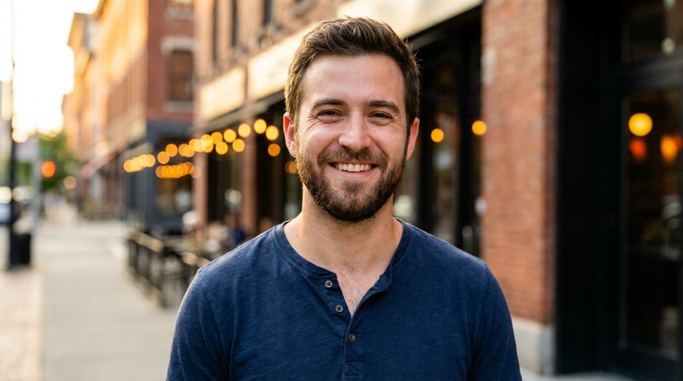 Confident man with warm smile in natural lighting, ideal Hinge profile photo