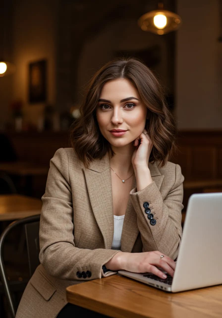 AI influencer lifestyle photo at trendy cafe with laptop
