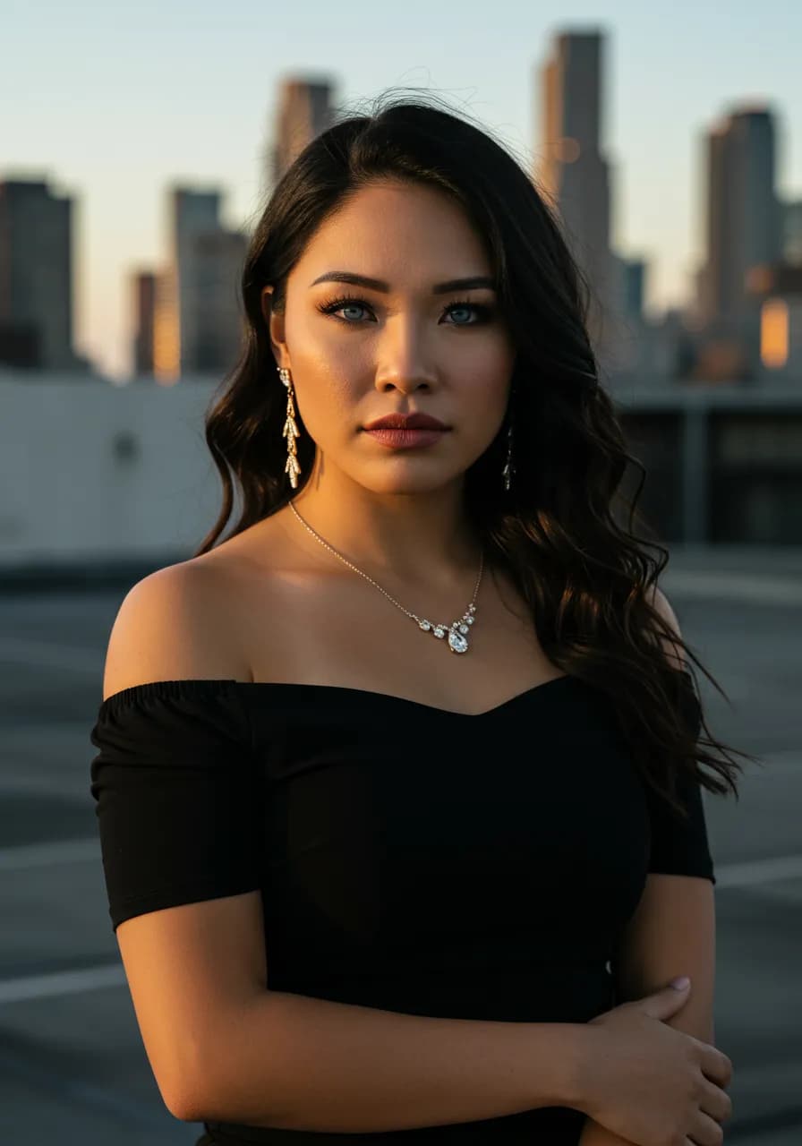 AI influencer portrait at golden hour rooftop
