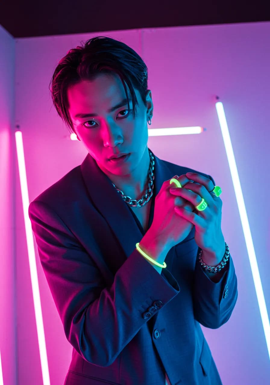AI influencer creative portrait with neon lighting