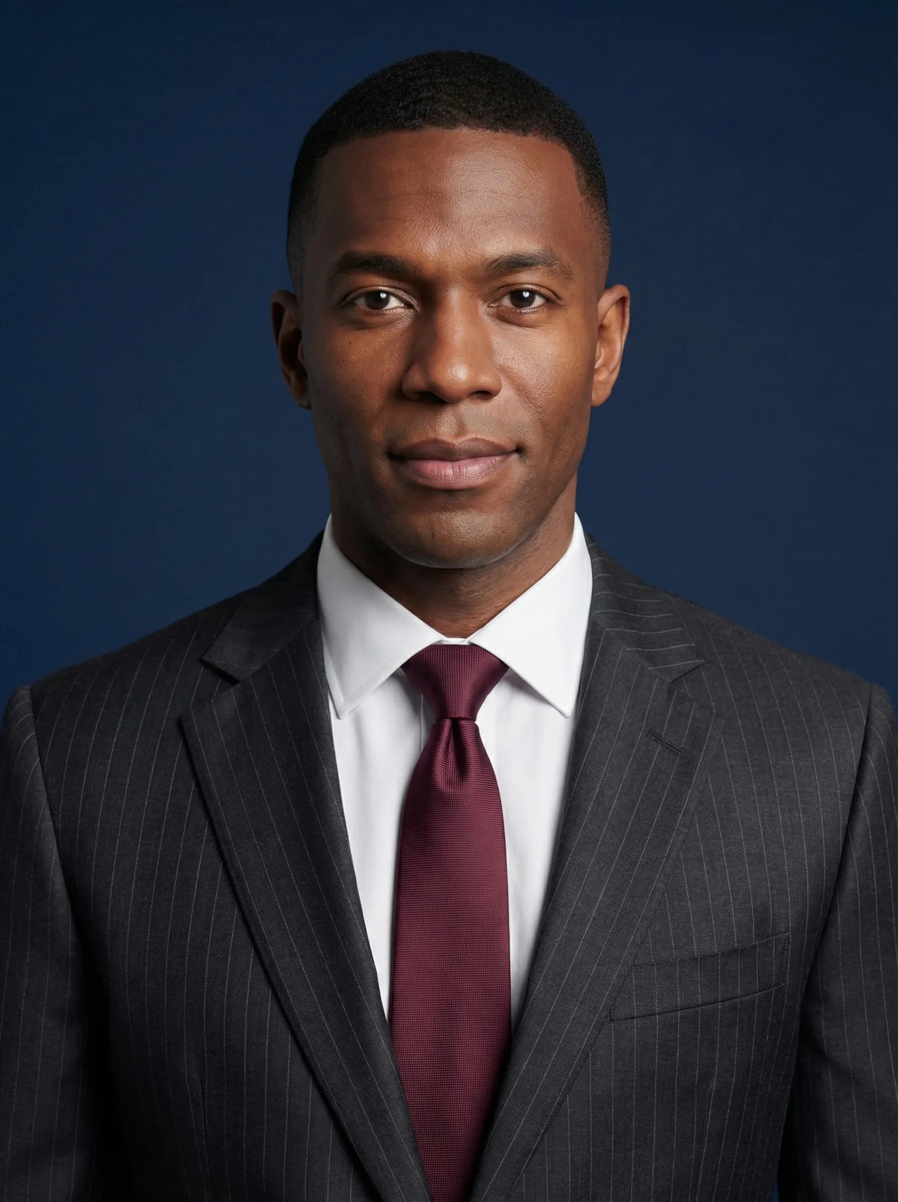 Distinguished attorney headshot in charcoal pinstripe suit