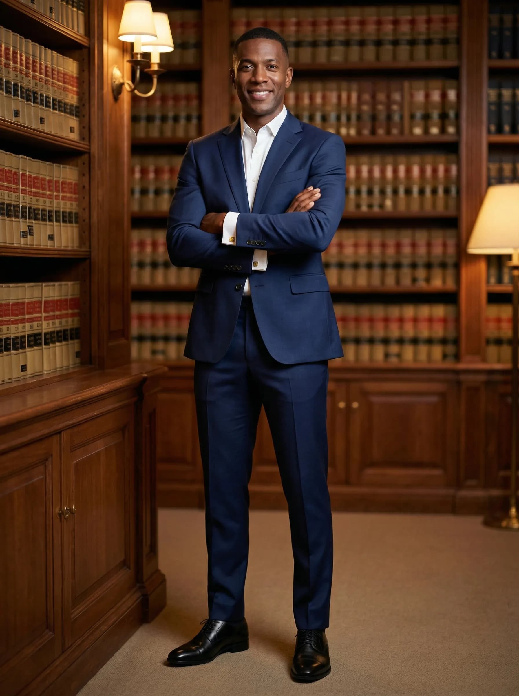 Attorney in traditional law library with legal books
