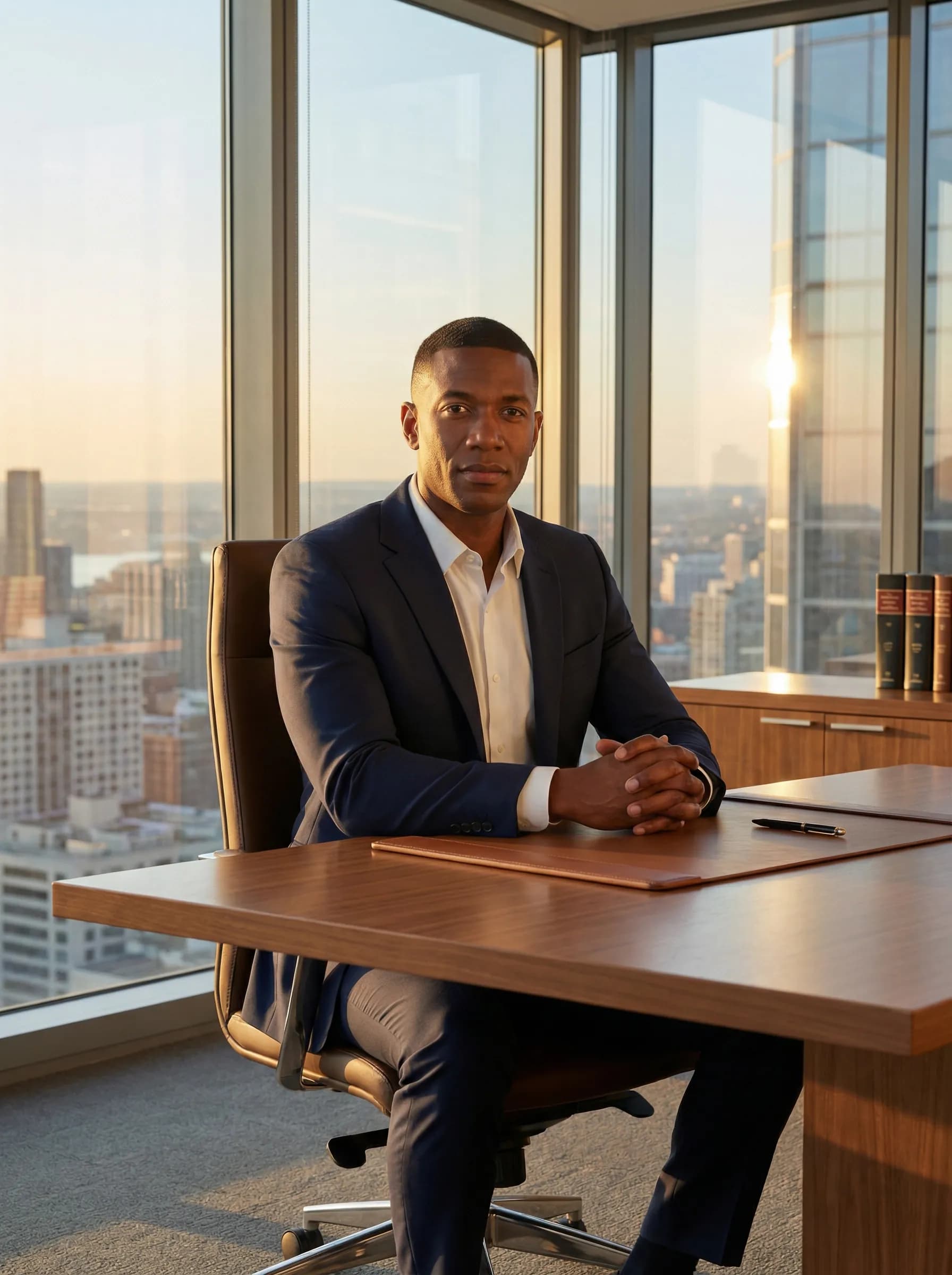 Lawyer seated at executive desk in contemporary law office