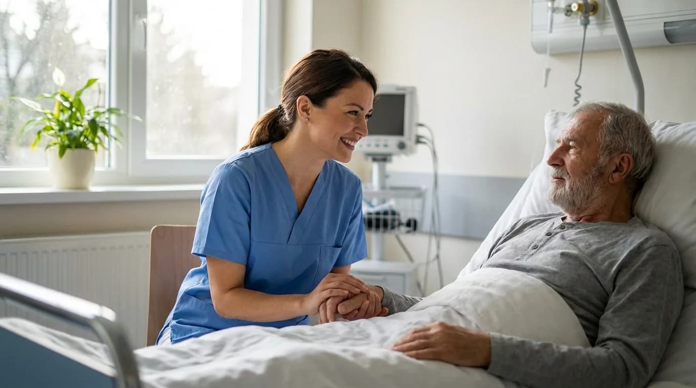 Caring nurse with patient in hospital room