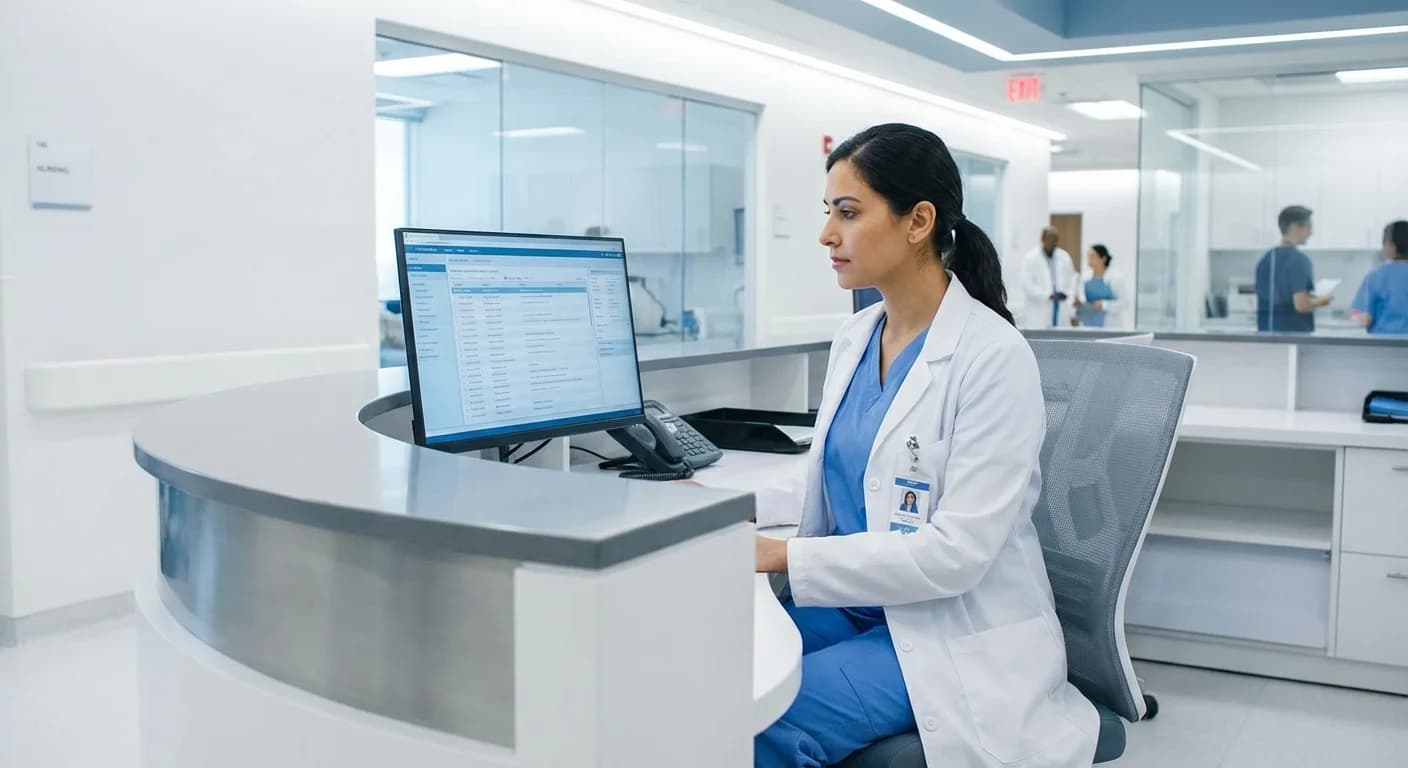 Nurse at hospital nursing station