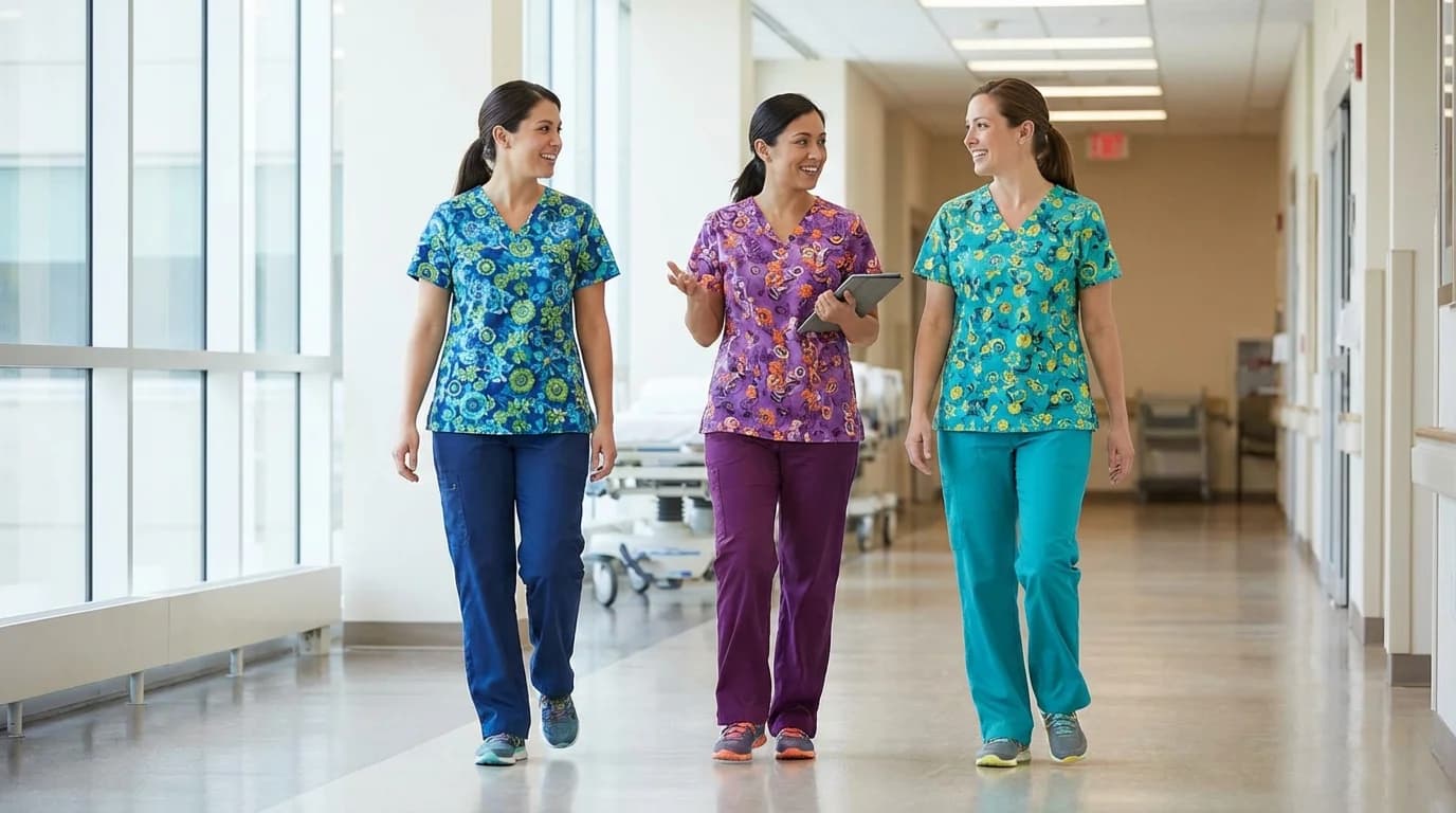 Team of nurses in hospital corridor