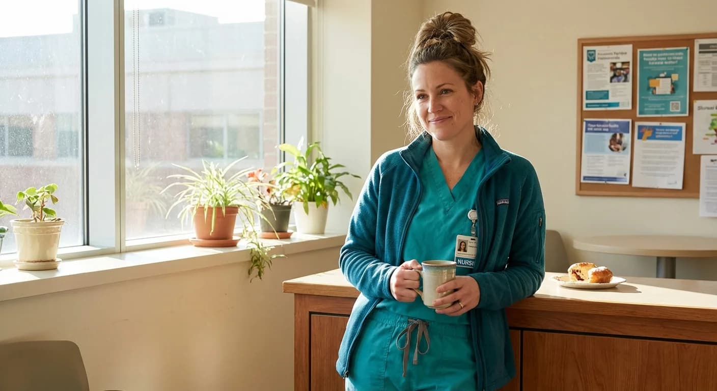 Nurse in scrubs during break
