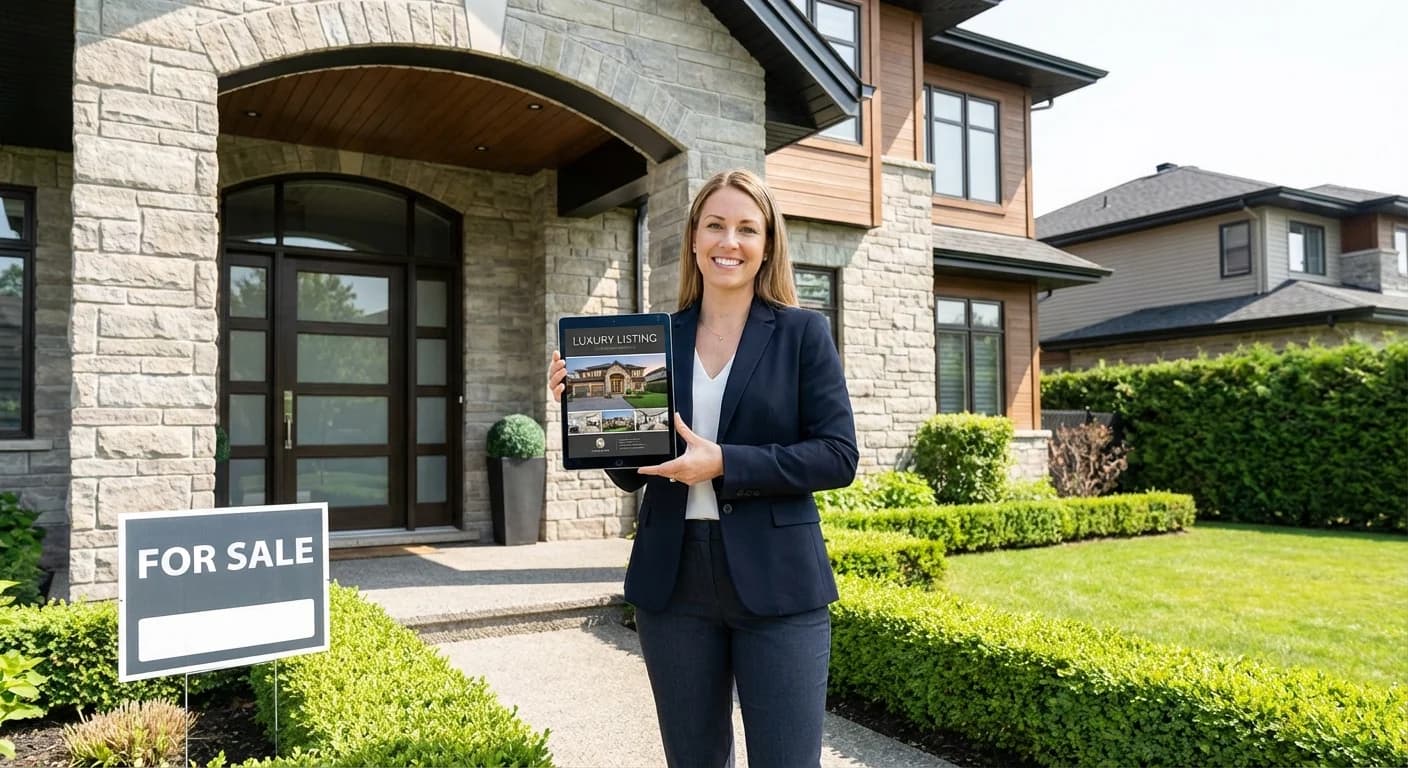 Real estate agent showing luxury home listing