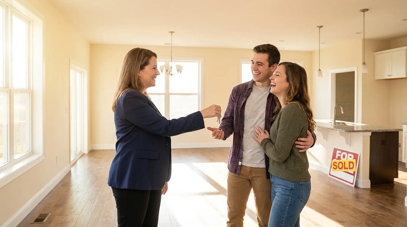 Real estate agent handing keys to homebuyers