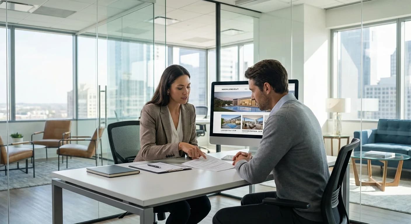 Real estate agent reviewing contracts in office