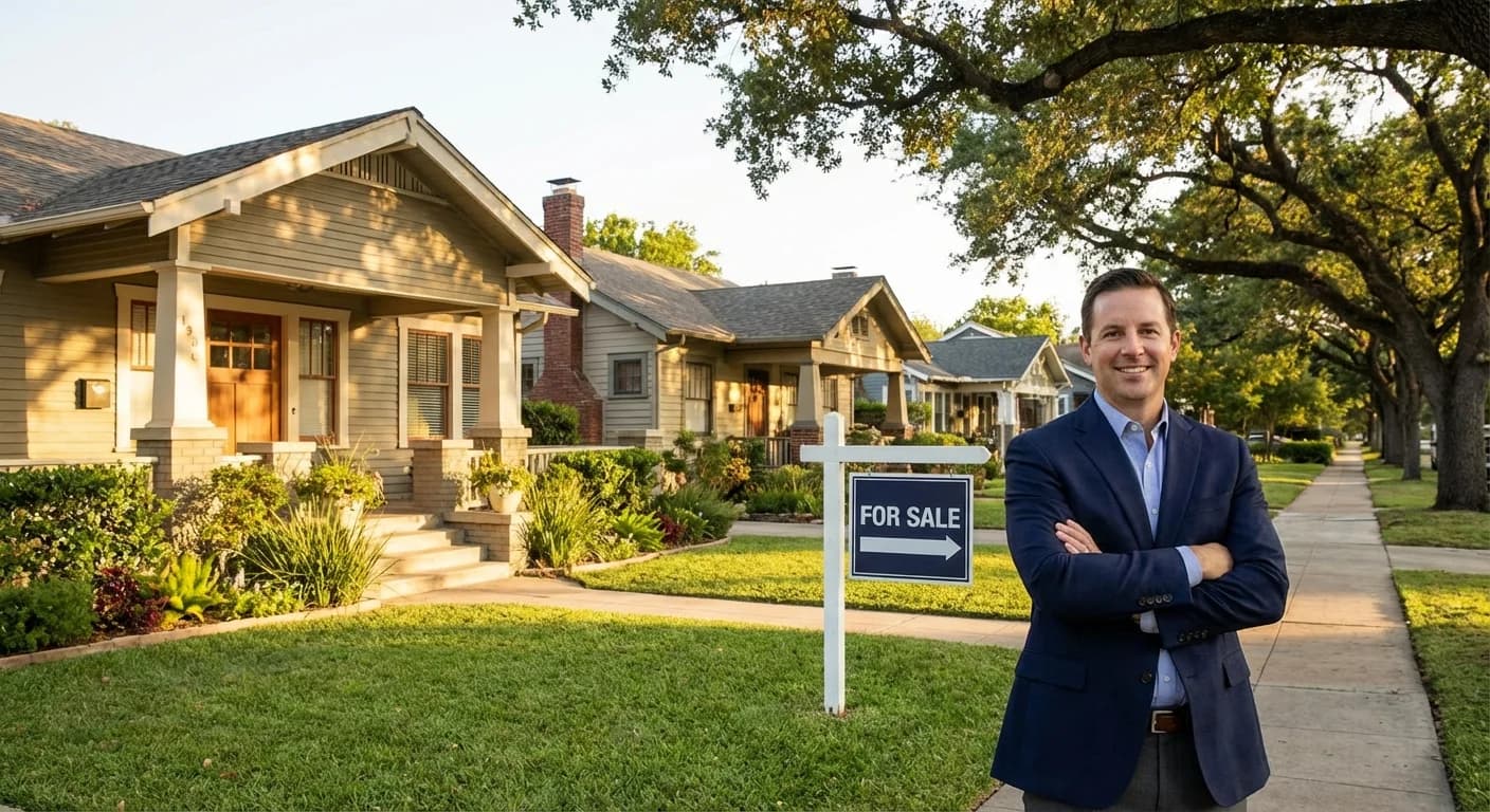 Real estate agent in front of suburban homes