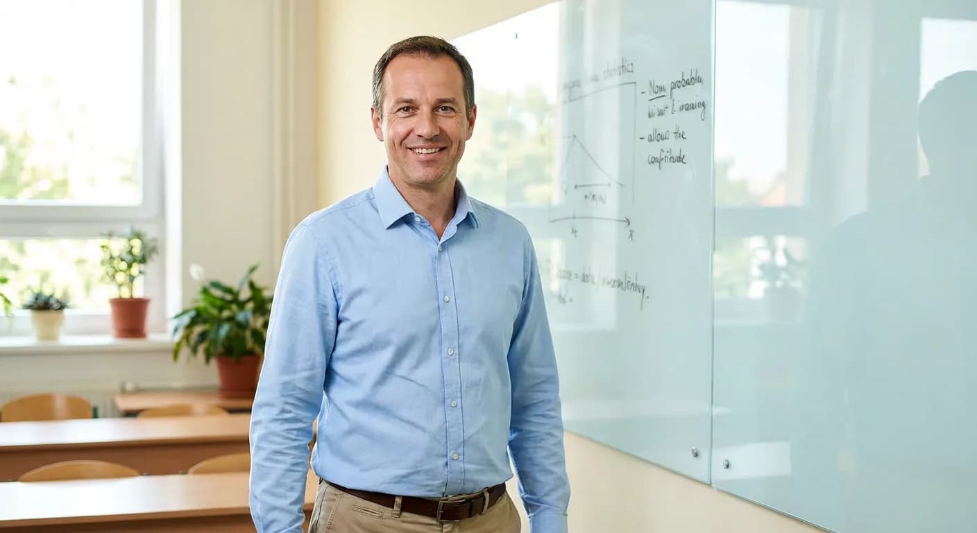 Teacher in front of whiteboard in modern classroom