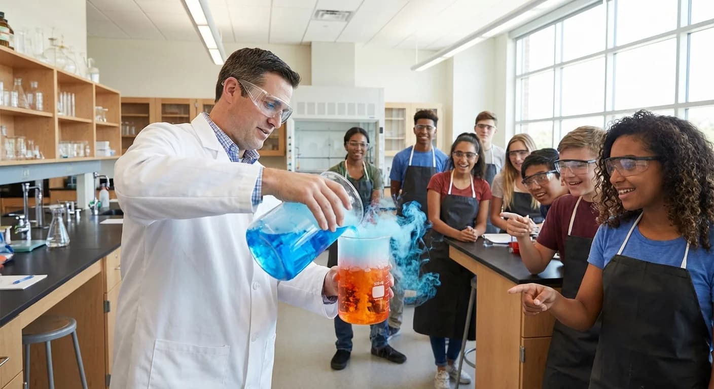Science teacher demonstrating experiment in lab