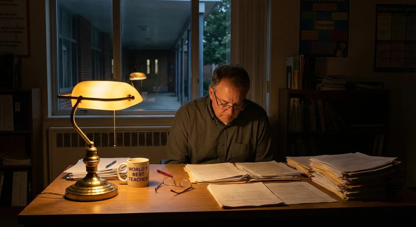 Teacher grading papers at desk with warm lamp