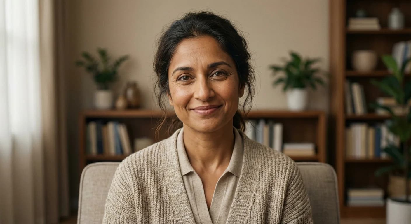 Warm empathetic therapist headshot with soft lighting