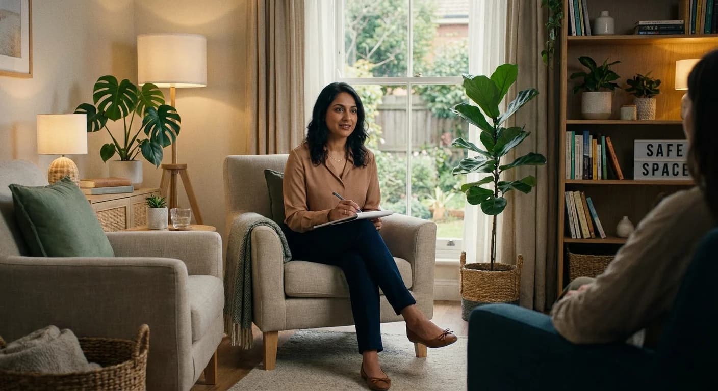 Therapist in cozy warmly decorated therapy office