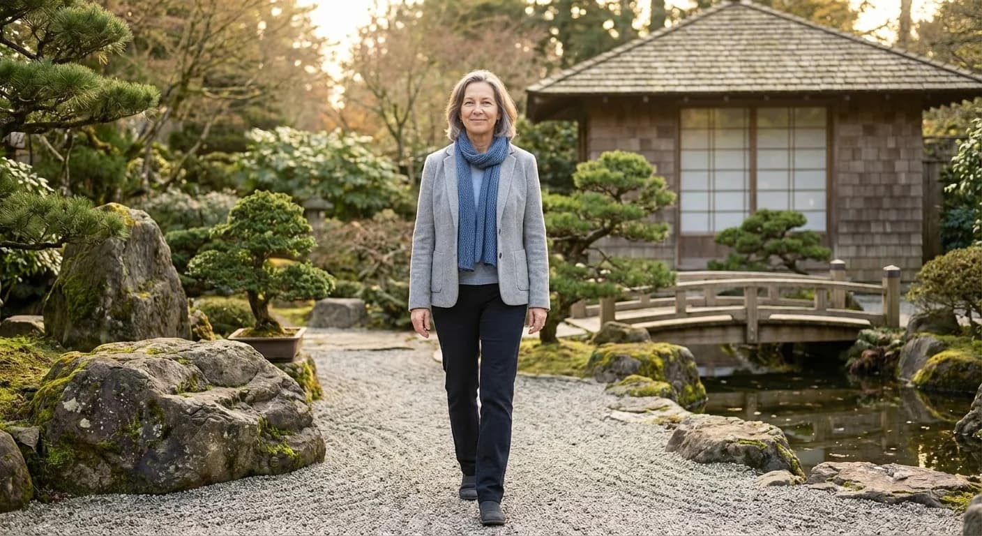 Therapist walking in peaceful zen garden