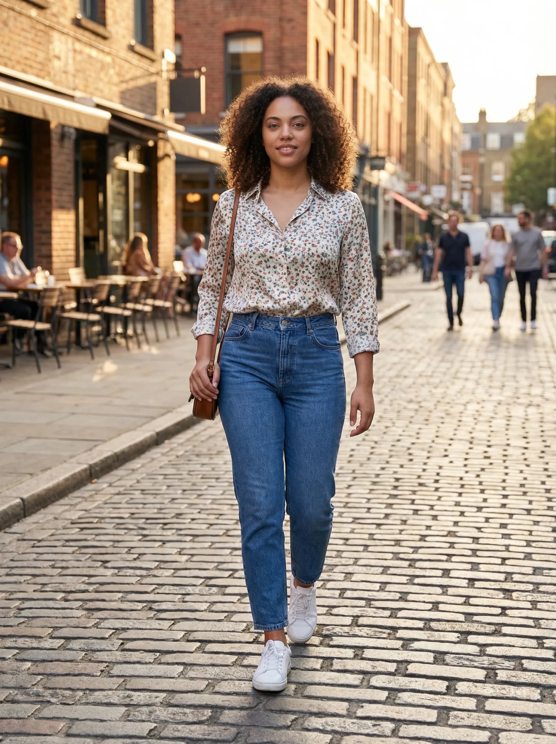 Full body lifestyle shot walking through urban street