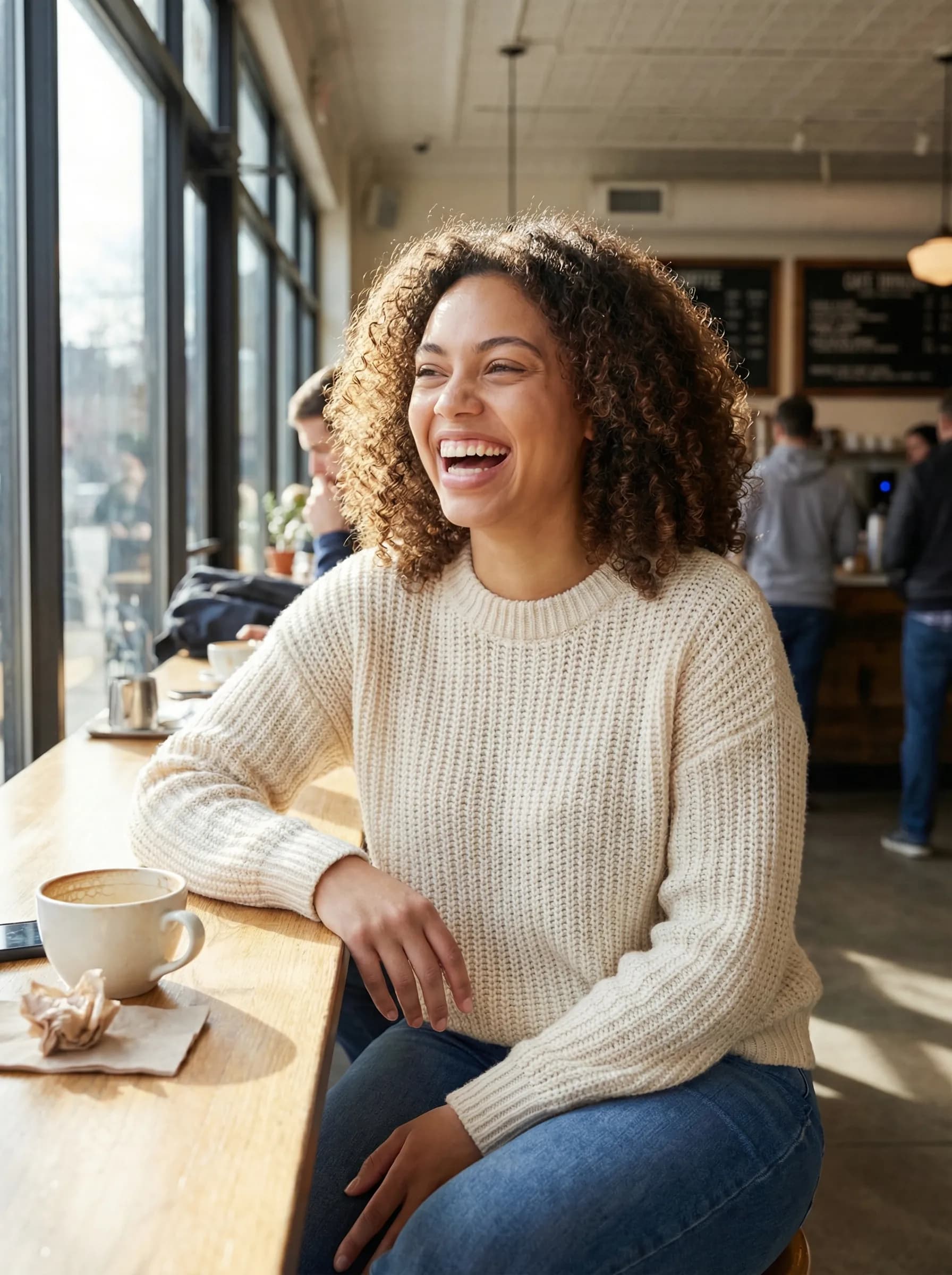 Relaxed authentic moment laughing in coffee shop