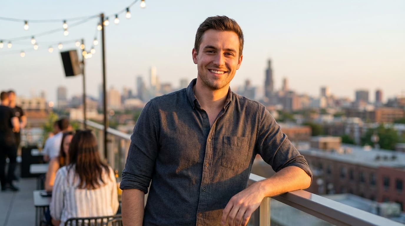 Man at rooftop bar at sunset with confident relaxed expression, ideal Tinder photo
