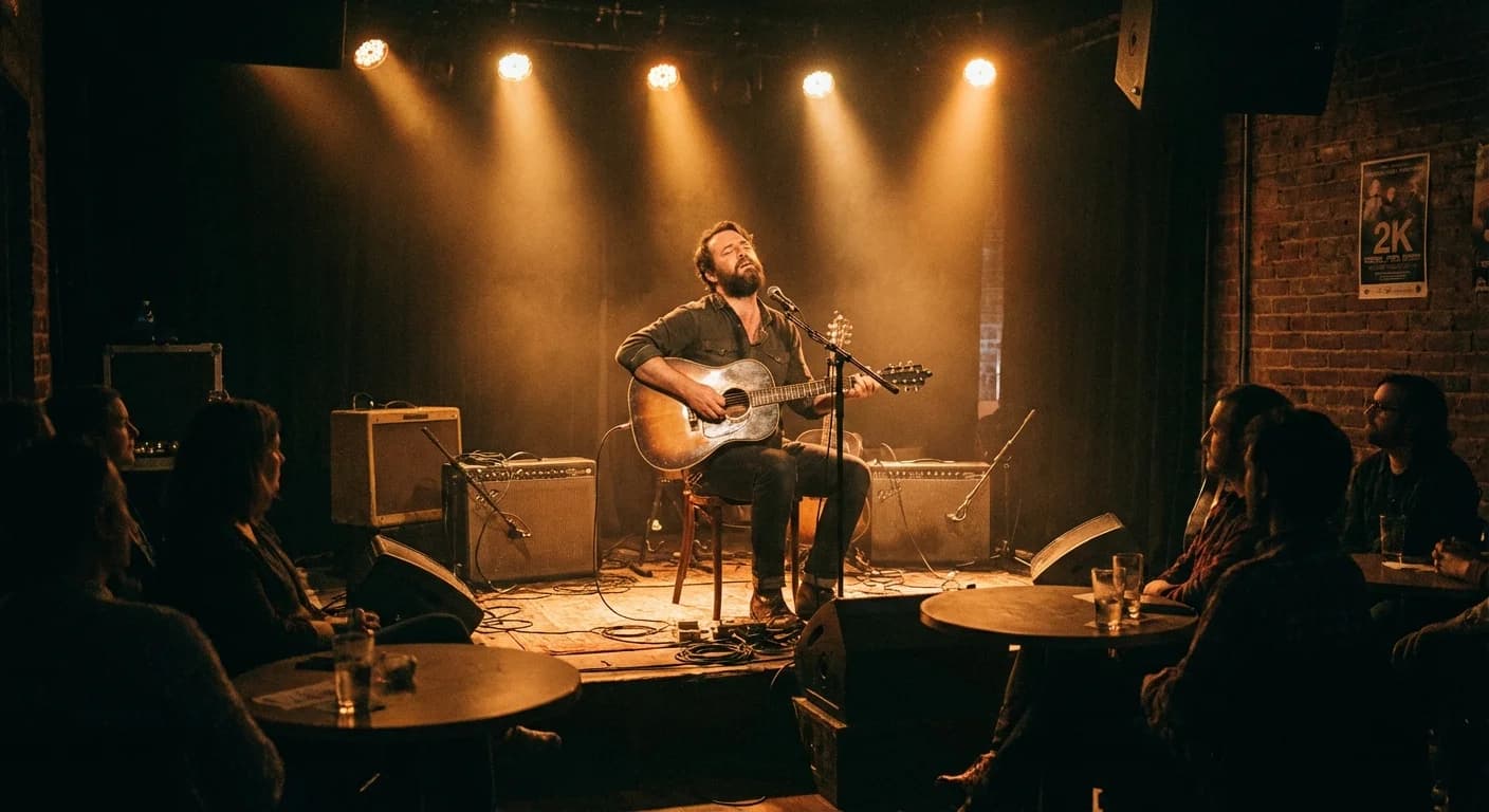 Musician playing acoustic guitar on stage with amber spotlights