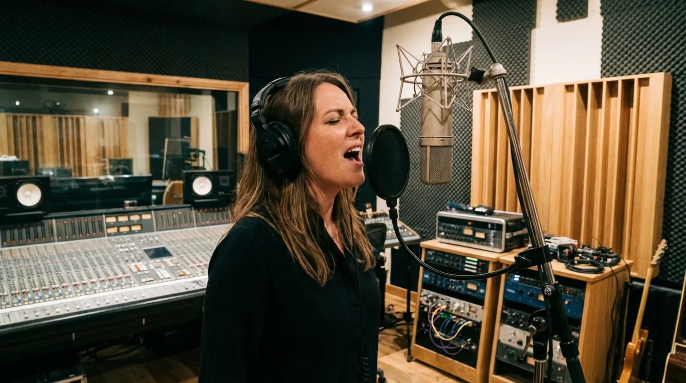 Musician recording in professional studio with headphones