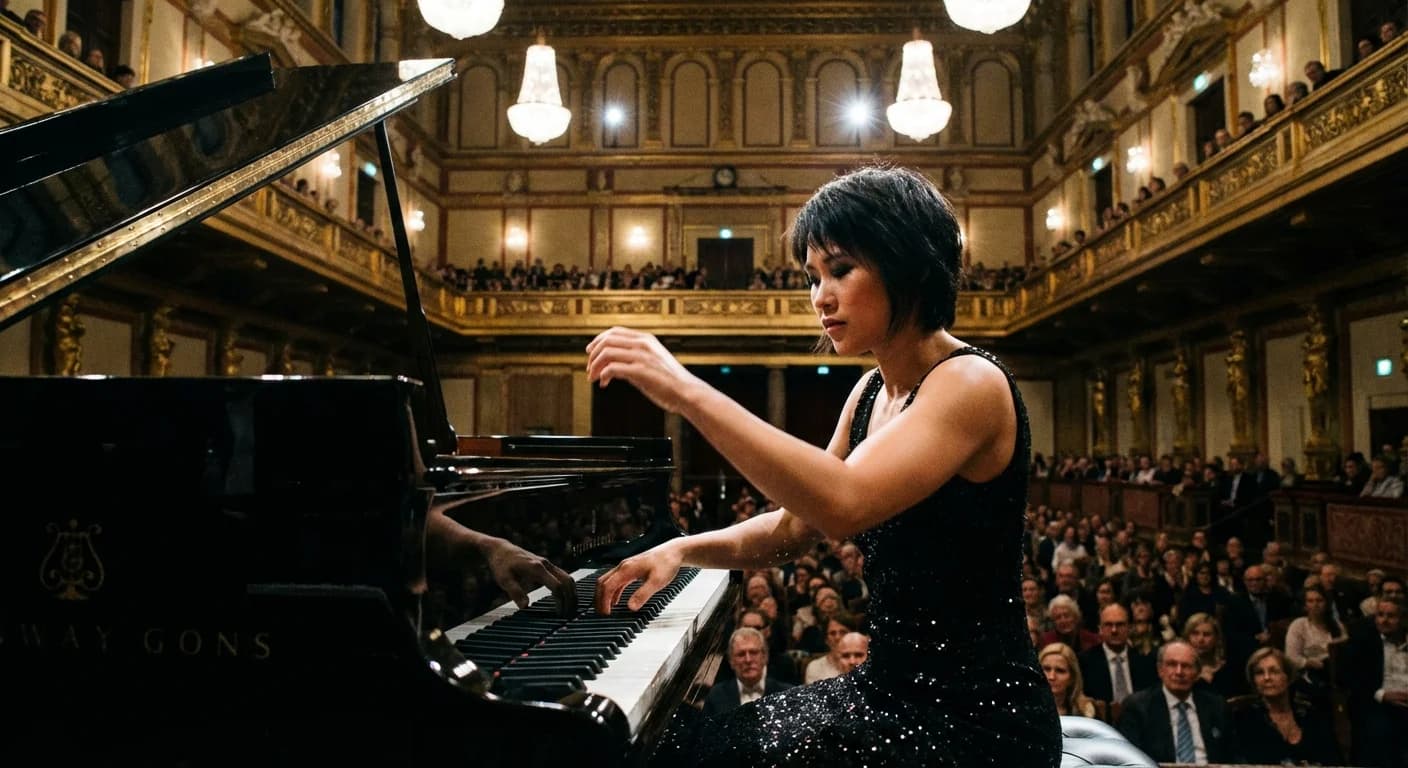 Pianist performing at grand piano in elegant concert hall