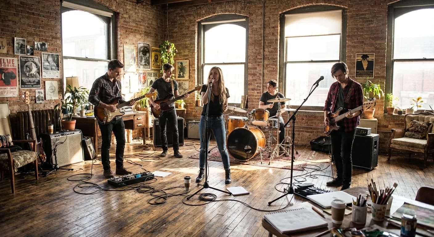 Band rehearsing in creative loft space