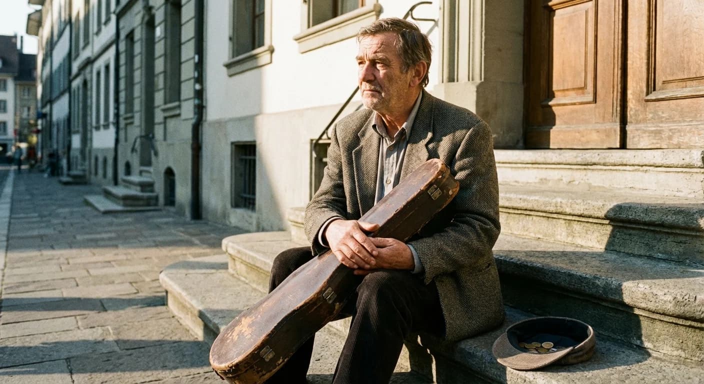 Musician with violin case on historic building steps