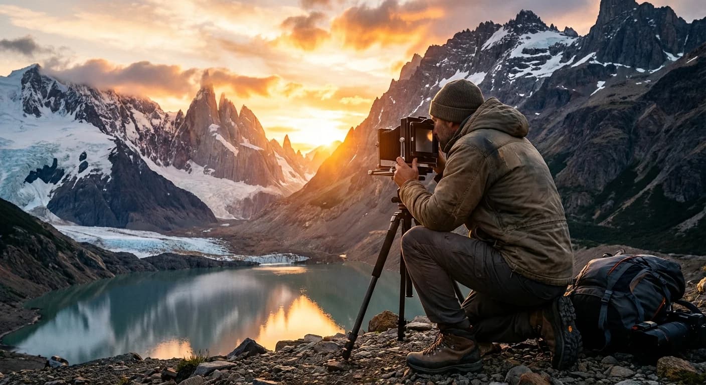 Landscape photographer at mountain sunrise